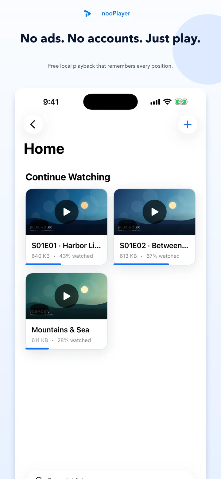nooPlayer home screen showing continue watching progress